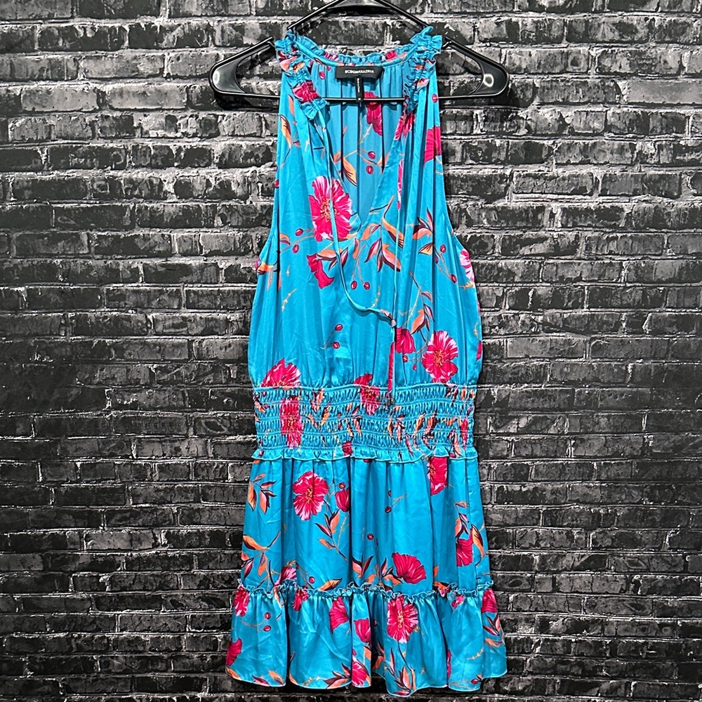 BCBGMAXAZRIA teal halter dress featuring a pink floral design!